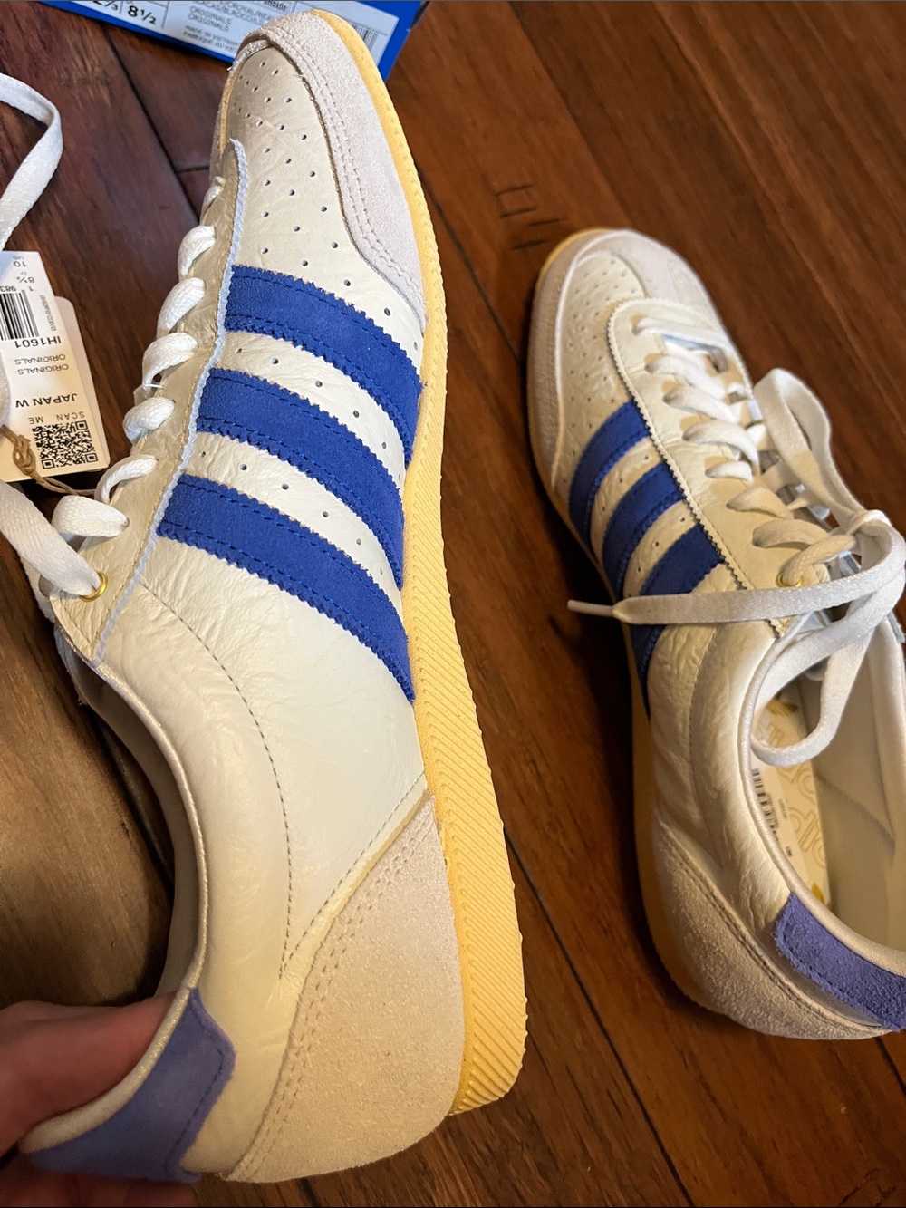 adidas womens japan White Leather Sneakers with Blue Stripes and Yellow Gum Sole - Picture 9 of 14
